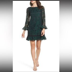 Eliza J Bell Sleeve Lace Shift Dress Dark Green Ruffle Hem Floral size 2‎ mini